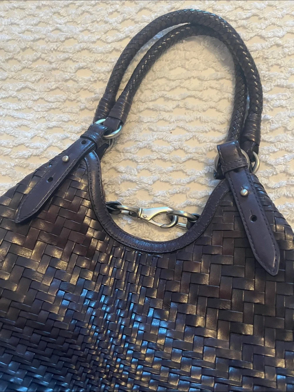 Cole Haan Woven Leather Shoulder Bag - Navy Blue Leather - Picture 7 of 12